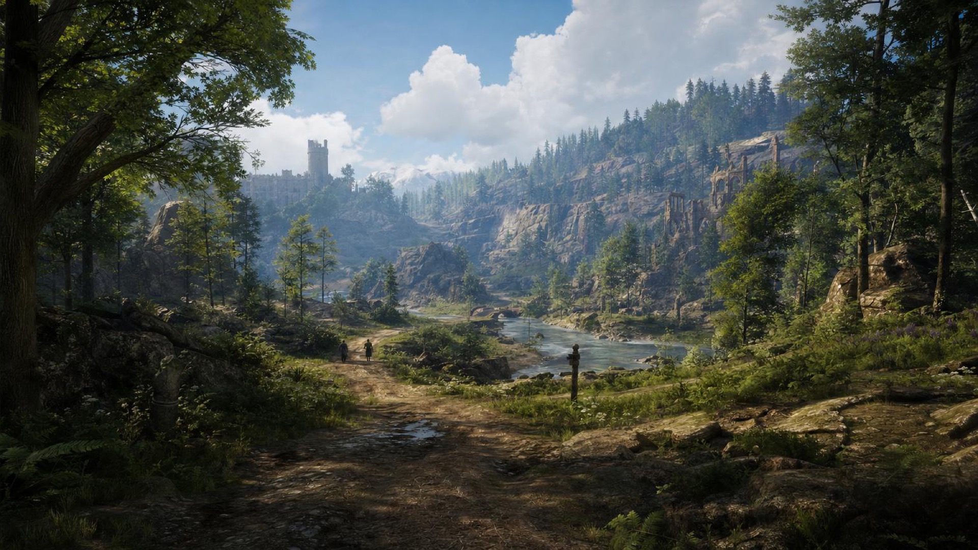 The Vale of Vallen — a forested vale dissolving into luminous haze, a castle on the far ridge